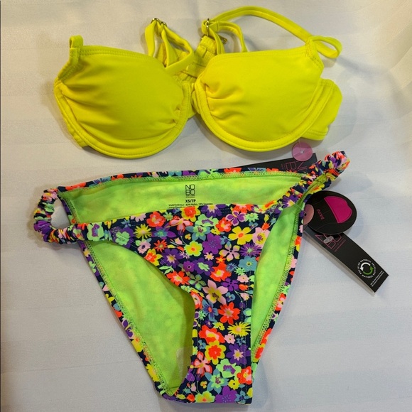 No Boundaries 2 Piece Bikini, Yellow top, High Cut Floral Neon Accents Bottoms - Picture 1 of 9